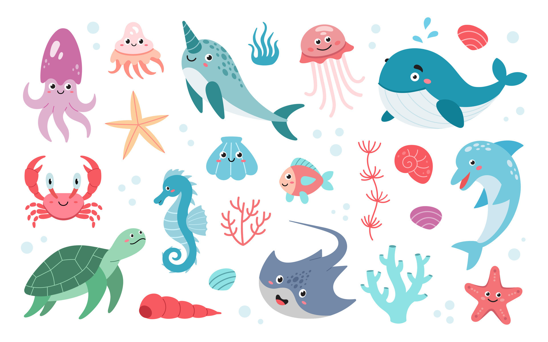 Set of hand drawn ocean creatures. Cartoon Sea animals. Vector doodle ...