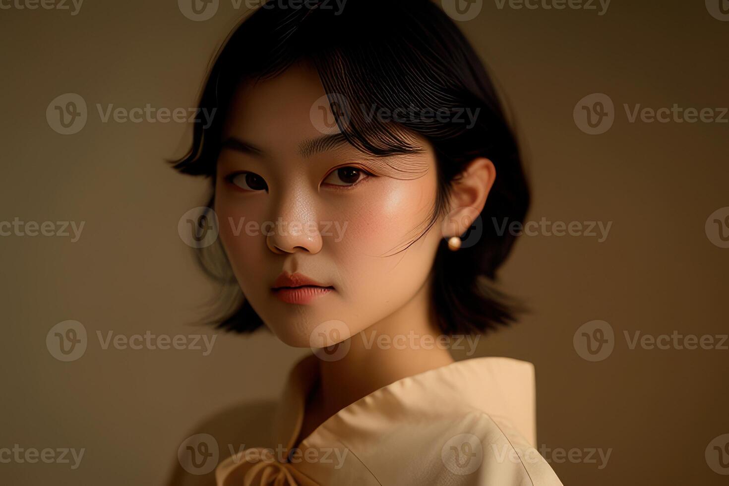 Portrait person with beige background. Fictional person created with photo