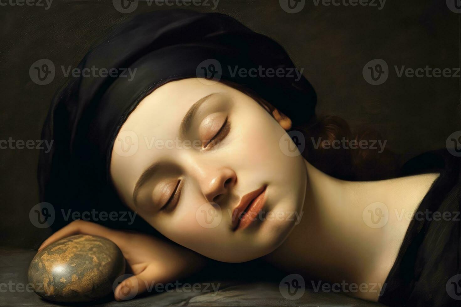 a beautiful woman wearing a black hat, laying down and sleeping next to a rock. She appears to be enjoying her peaceful slumber, undisturbed by her surroundings. With her closed eyes and the soft photo