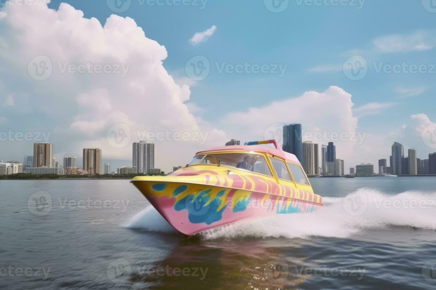 brightly colored boat speeding across a body of water. As the boat gains speed, it creates a wave in the water, demonstrating its power and energy. The boat's vibrant colors photo