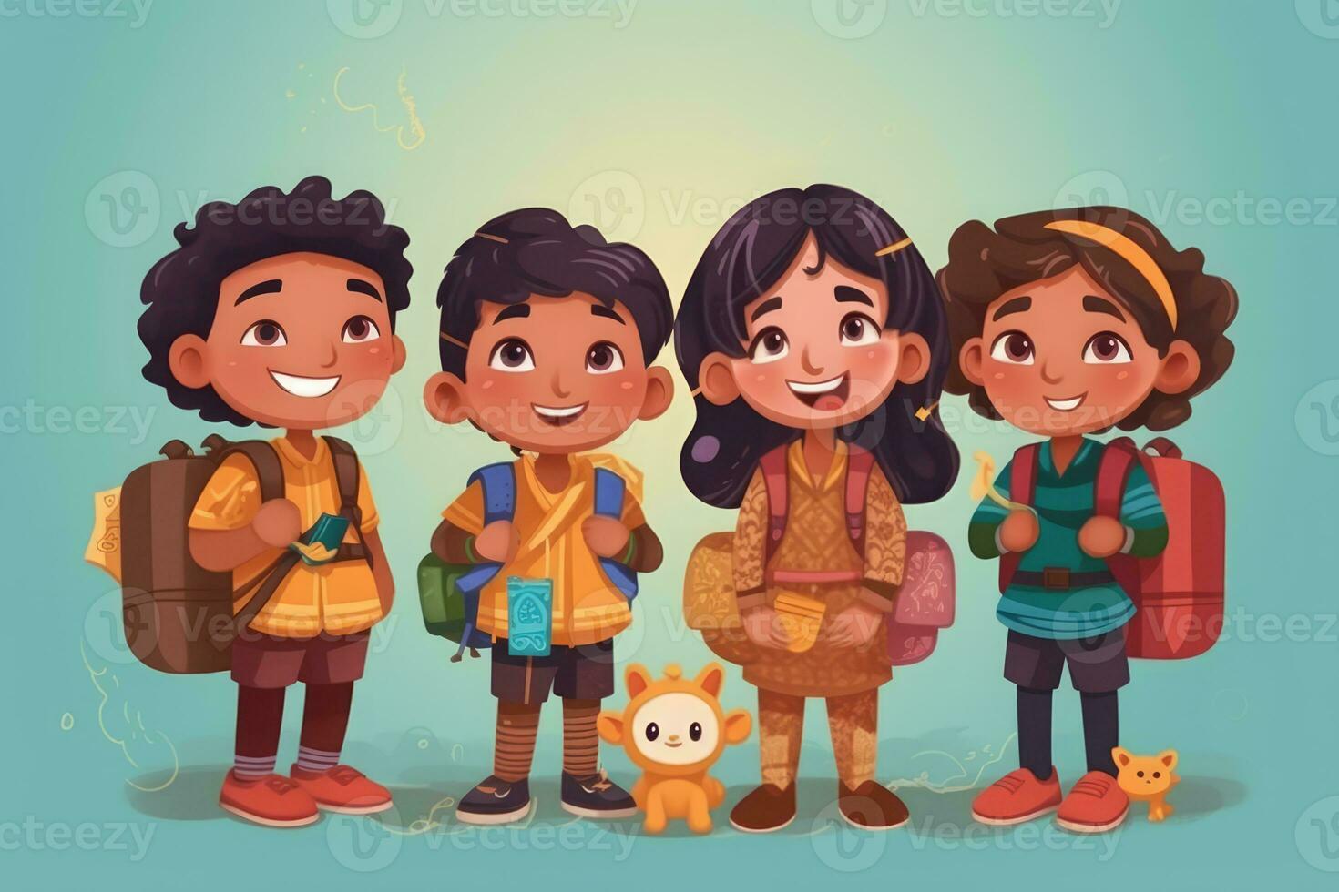 Adorable illustration of four children with their bags and stuffed animals photo