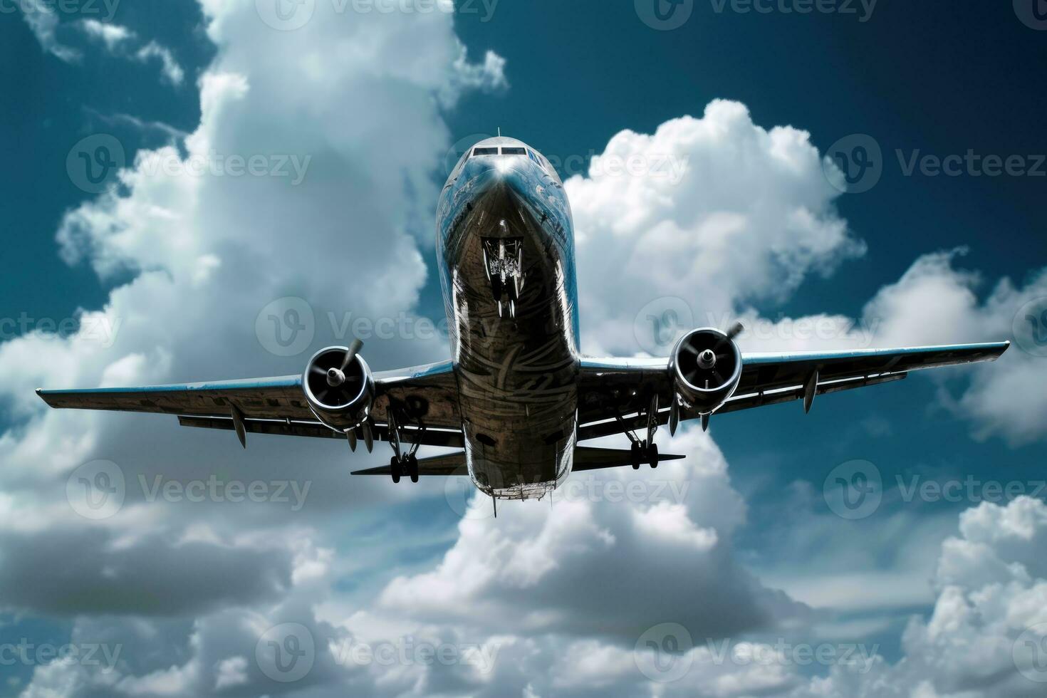 a large passenger jet airplane as it flies through a cloudy, blue-gray sky. The airplane appears to be in the cruise phase of its flight, with its wings spread wide photo