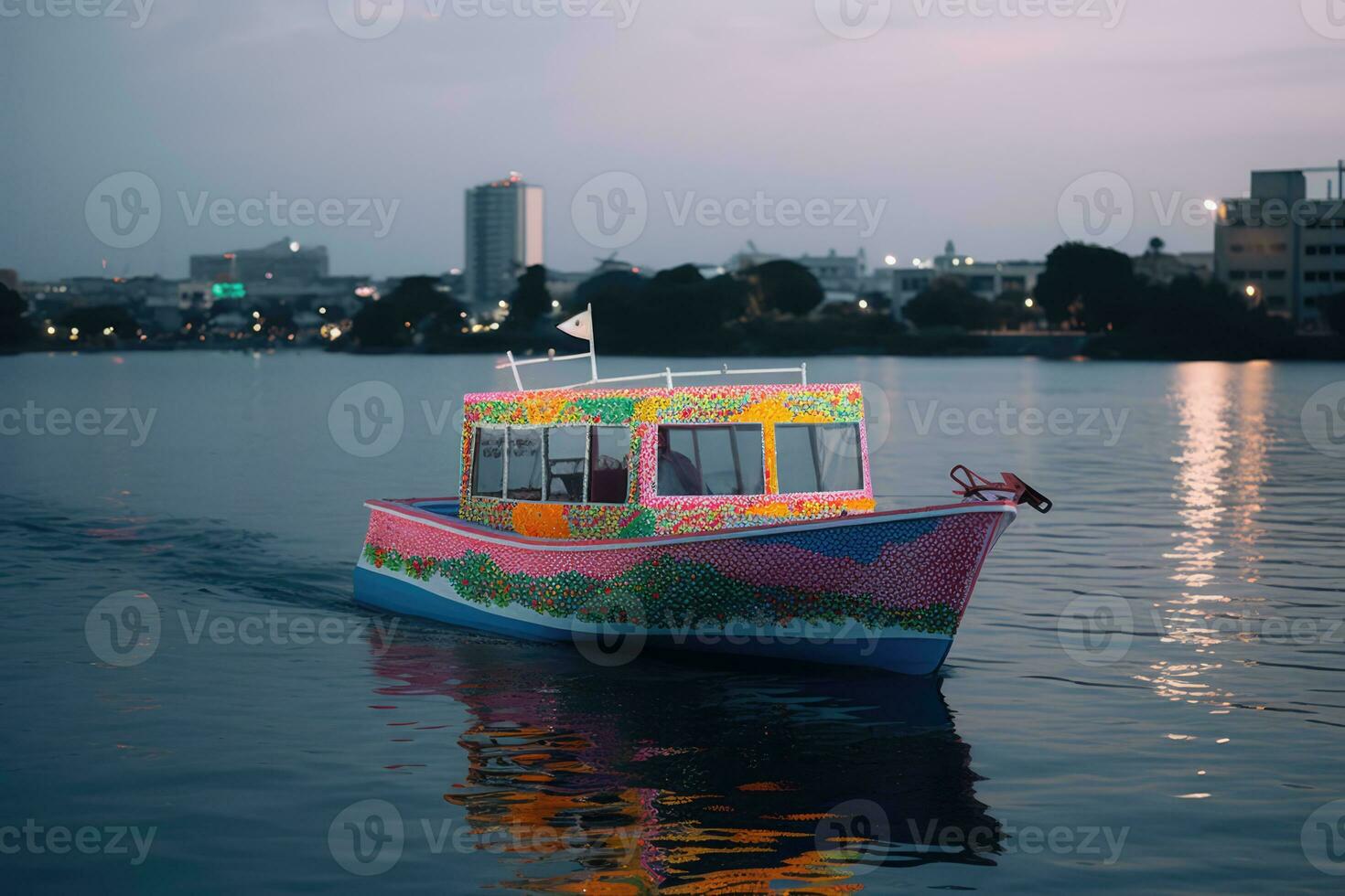 a small, colorful boat floating on a body of water, with a city in the background. The boat appears to be a fishing boat and is painted in a vibrant color scheme, making it stand out on the water. photo