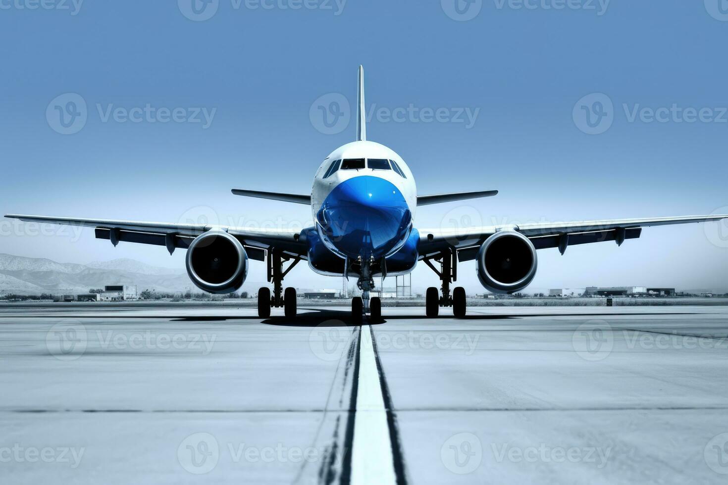 a large commercial airplane sitting on the runway at an airport, with its wheels on the ground and wings extended. It appears to be either preparing for takeoff or having just landed. photo