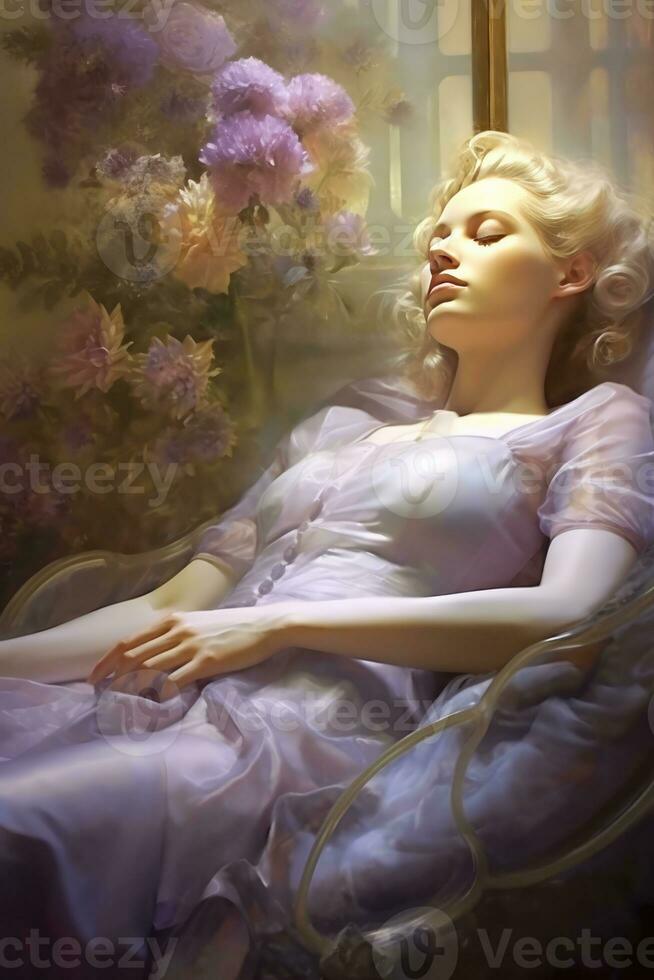 a woman in a vintage gown lying on a couch photo