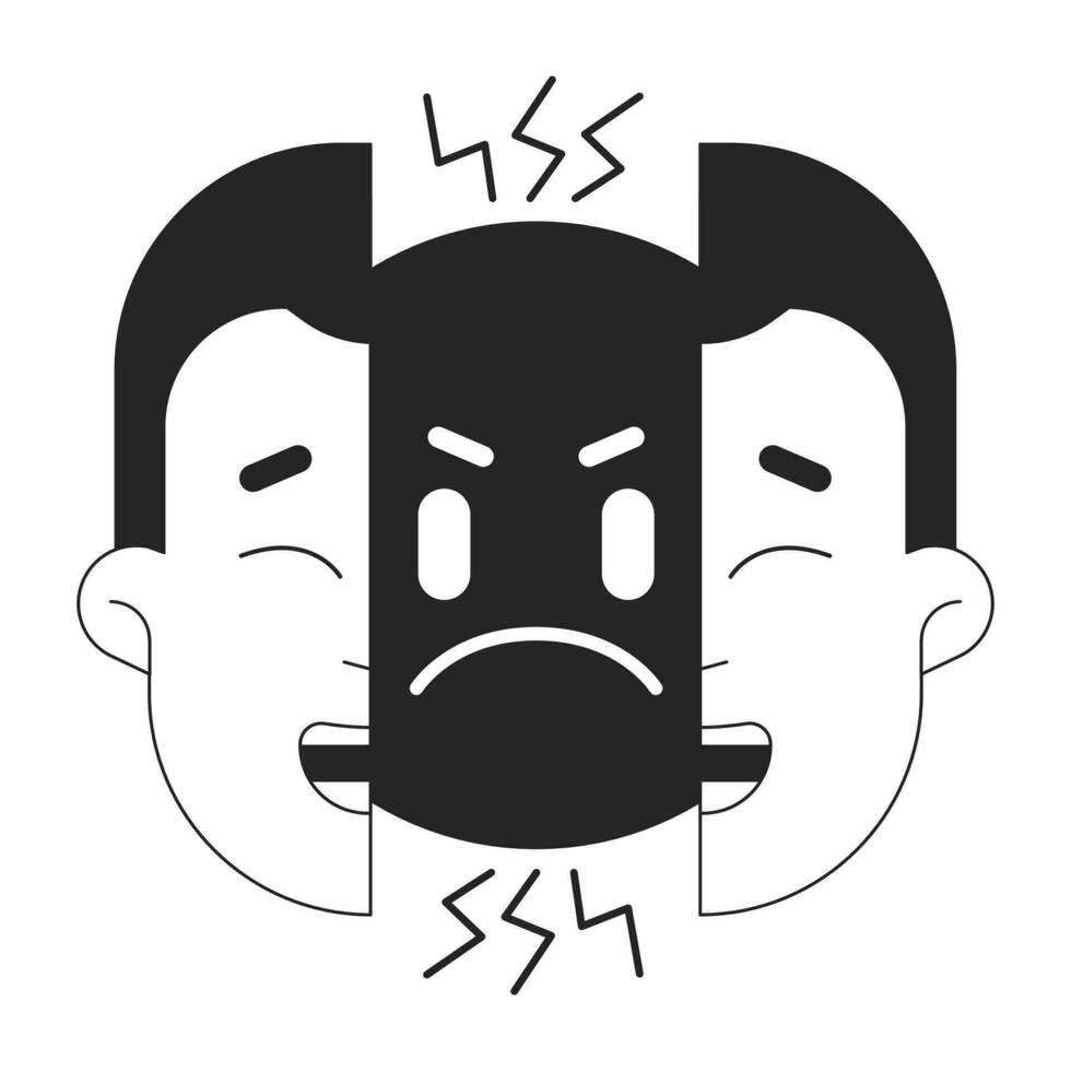 Two faced bw concept vector spot illustration. Hypocrite fake guy split face 2D cartoon flat line monochromatic character for web UI design. Bipolar disorder editable isolated outline hero image