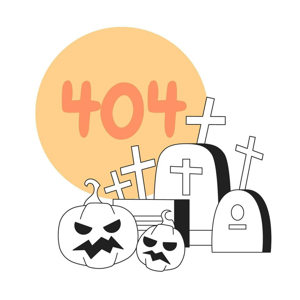 lápidas calabazas con Luna negro blanco error 404 destello mensaje. cementerio escalofriante. monocromo vacío estado ui diseño. página no encontró surgir dibujos animados imagen. vector plano contorno ilustración concepto