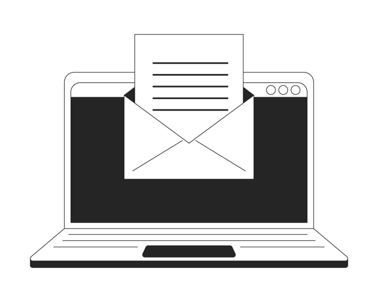 Email on laptop flat monochrome isolated vector object. Virtual communication. Editable black and white line art drawing. Simple outline spot illustration for web graphic design