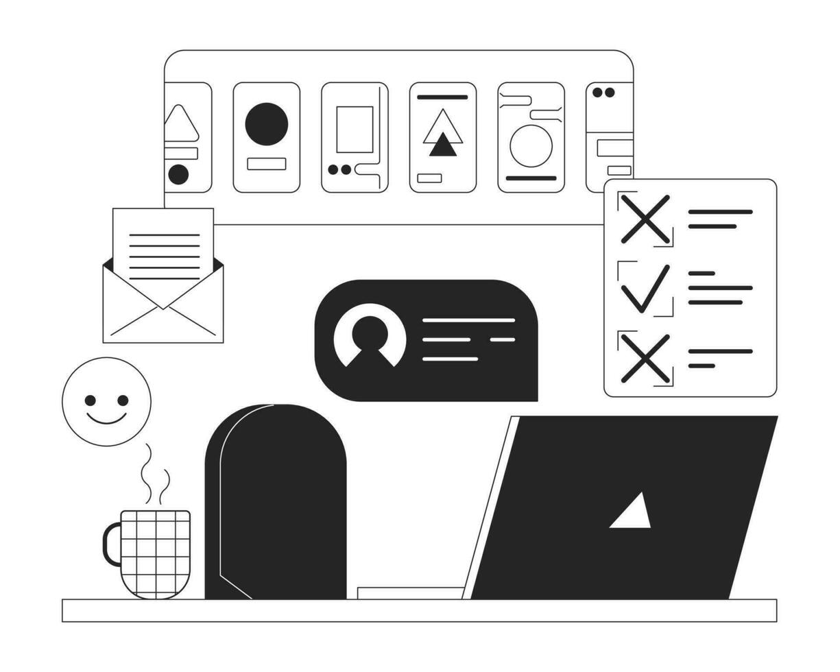 Workplace bw concept vector spot illustration. Home office and multitasks 2D cartoon flat line monochromatic objects for web UI design. Editable isolated outline hero image