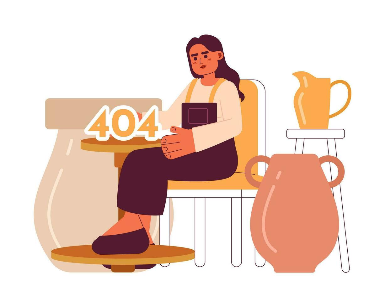 Pottery class error 404 flash message. Indian woman near pottery wheel. Empty state ui design. Page not found popup cartoon image. Vector flat illustration concept on white background