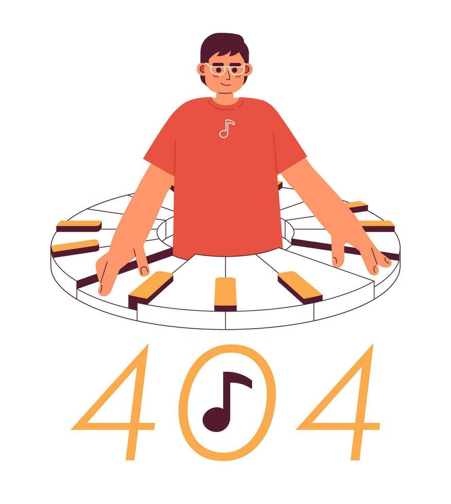 hombre jugando en piano error 404 destello mensaje. joven hombre pasatiempo. vacío estado ui diseño. página no encontró surgir dibujos animados imagen. vector plano ilustración concepto en blanco antecedentes