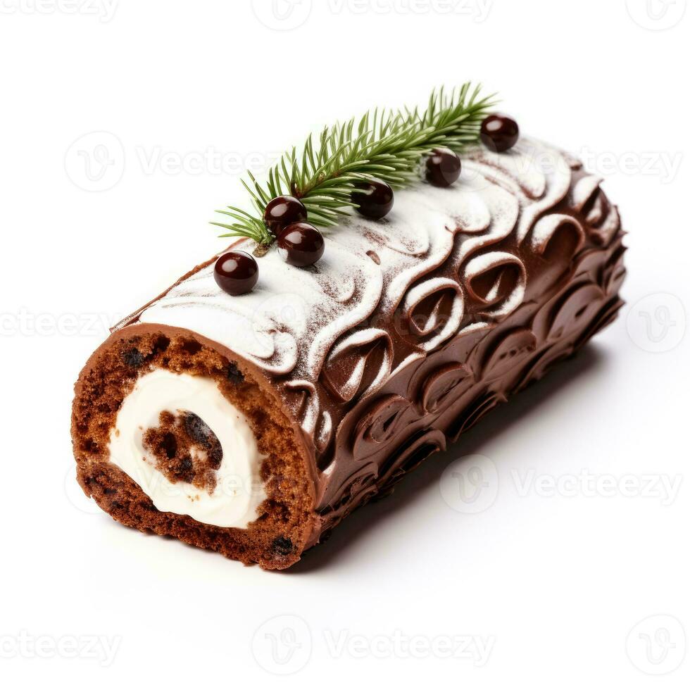 Yule log cake isolated on white background photo