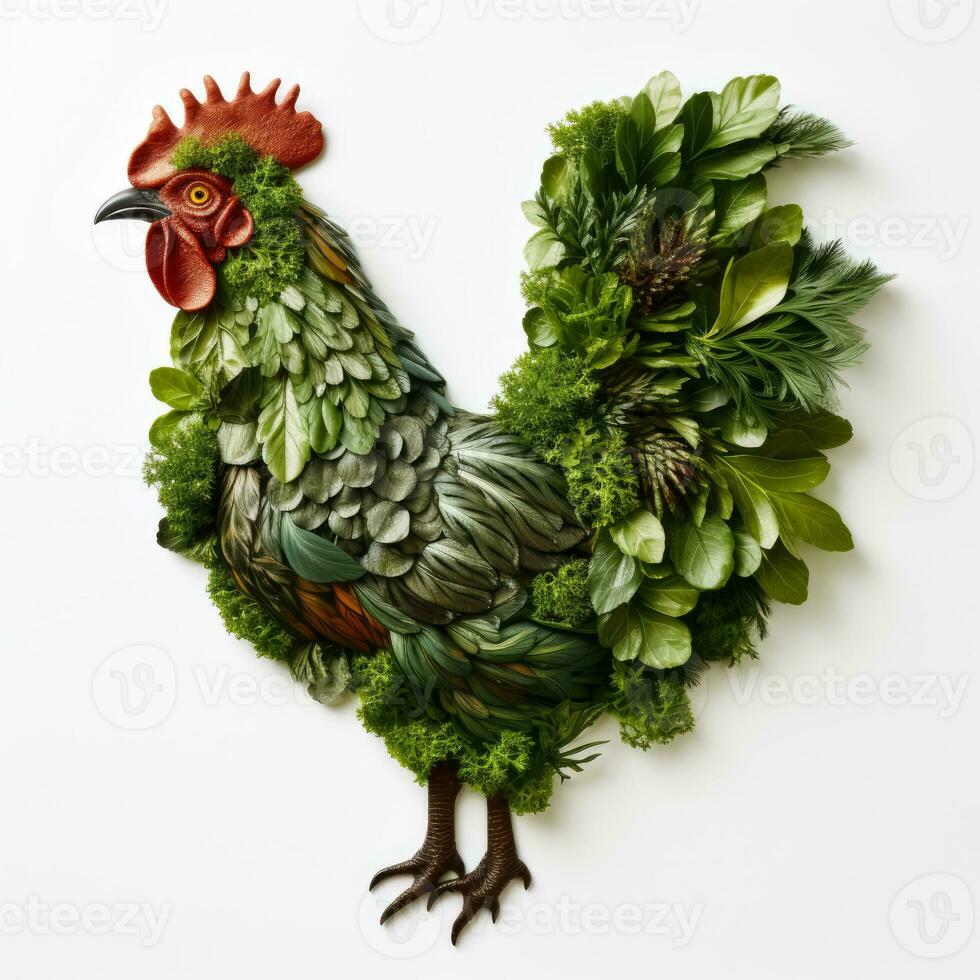 Chicken made of plants on white background photo