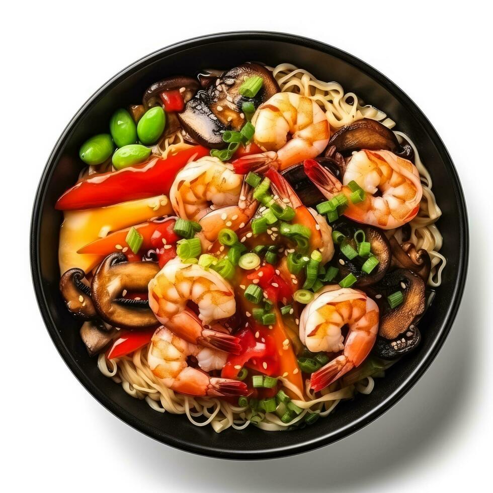 Shrimp Ramen in a black bowl top view isolated on white background photo