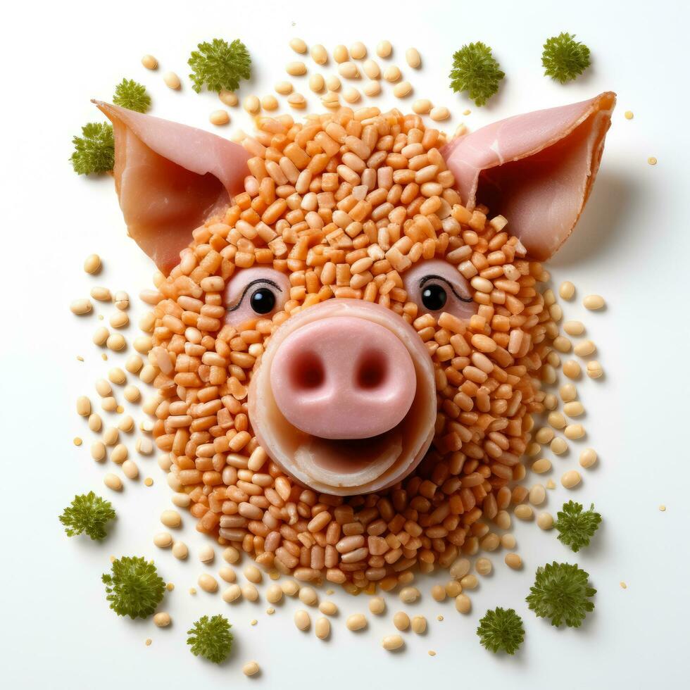 Pig made of legumes on white background photo