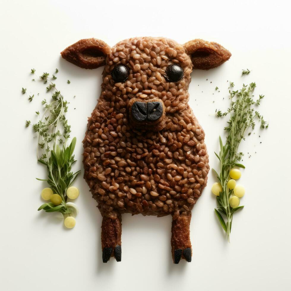 Lamb made of lentils on white background photo