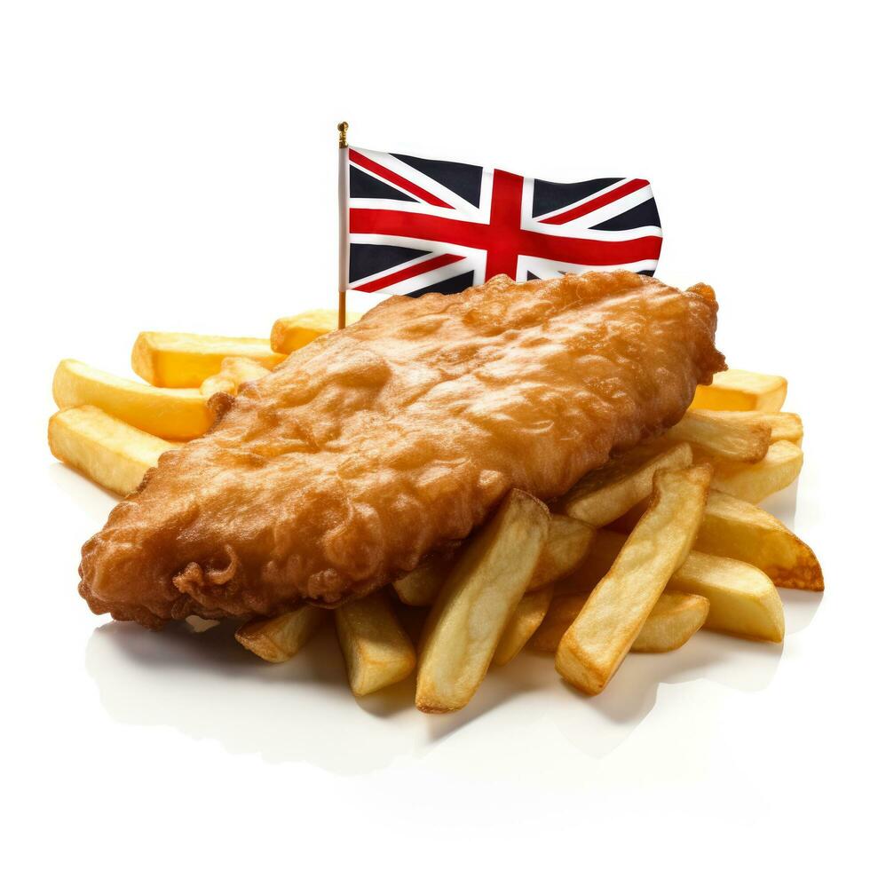 British fish and chips designed as a Union Jack flag isolated on white background photo