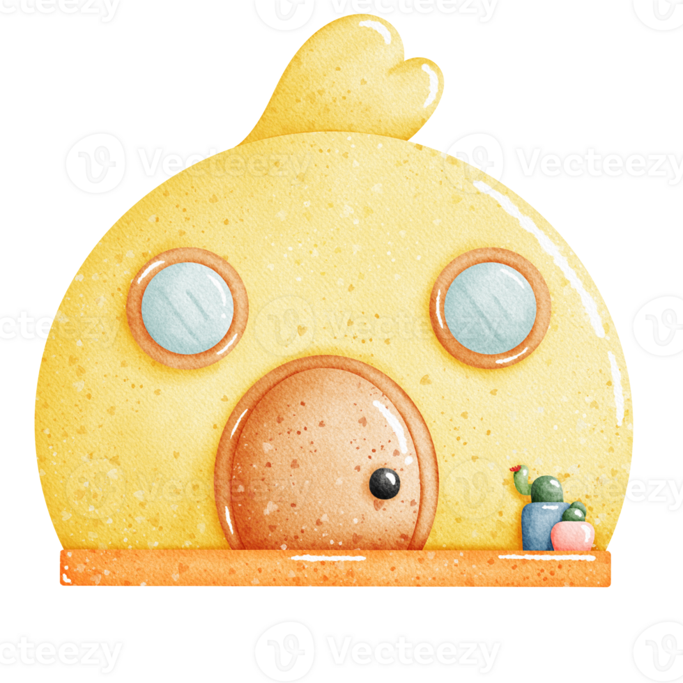 a yellow bird with a face on top of a house png