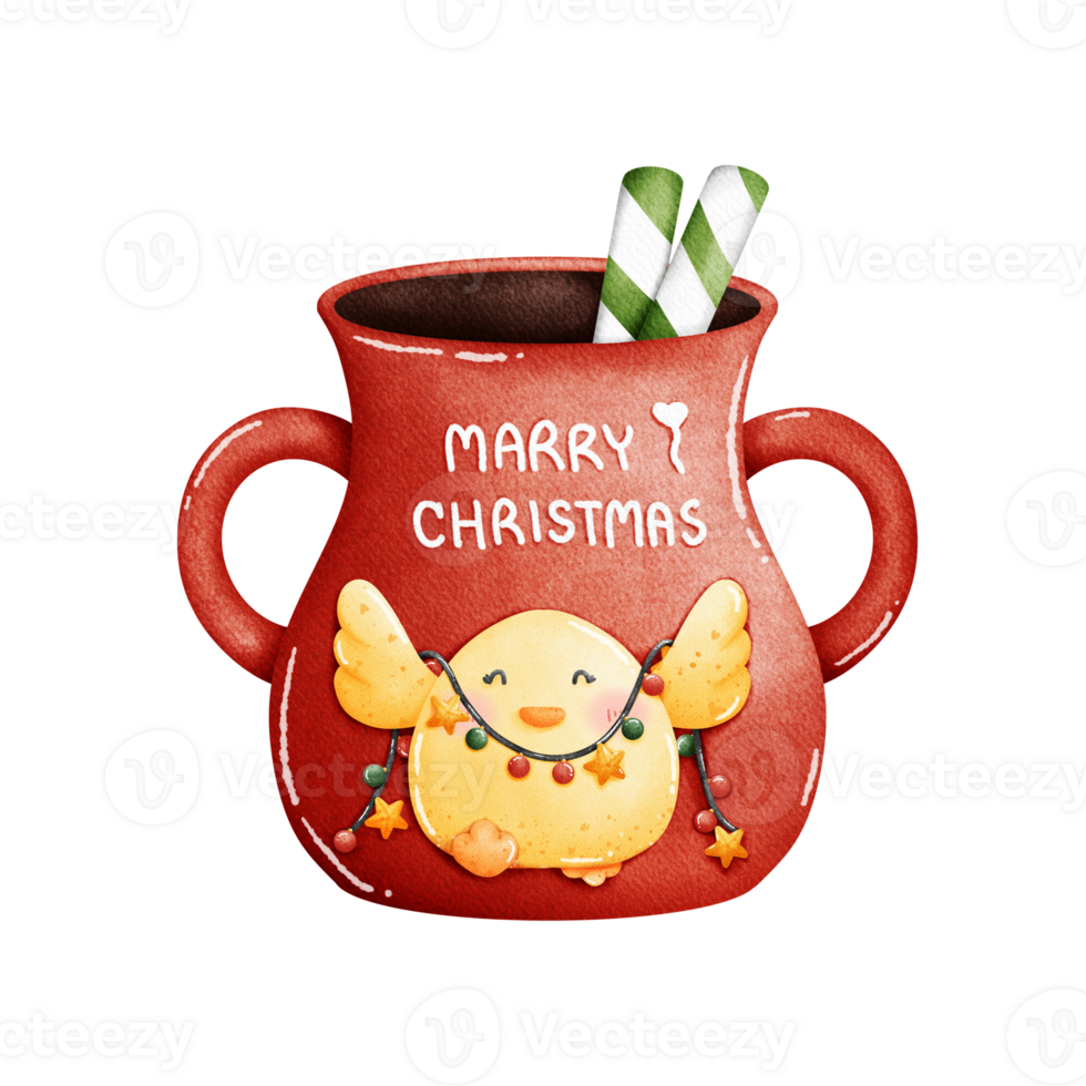 christmas mug with a bird and a straw, transparent background png