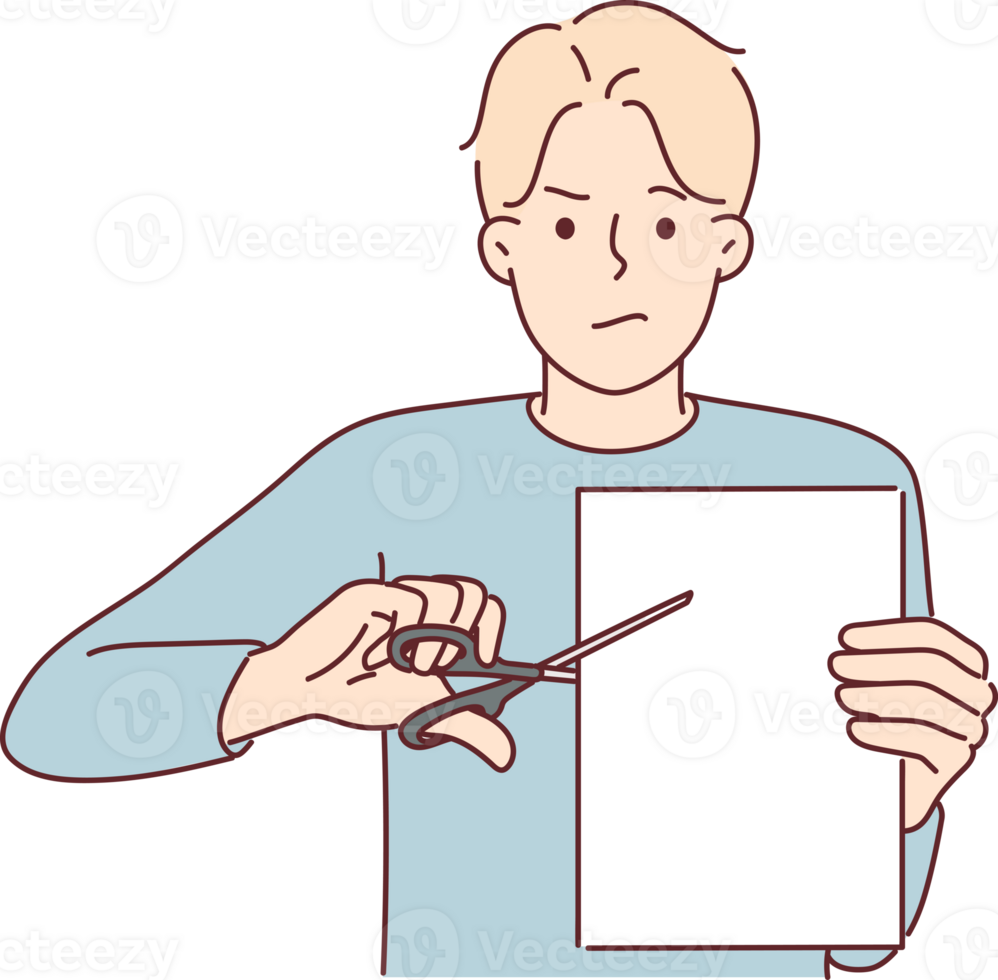 Man with scissors cuts sheet paper for concept of breaking contract and destroying document png