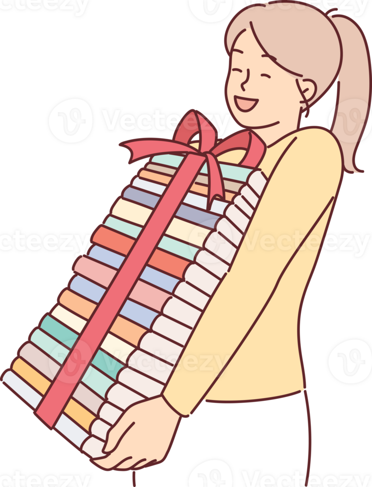 Girl with books with gift bow rejoices at opportunity to gain knowledge and read new literature png