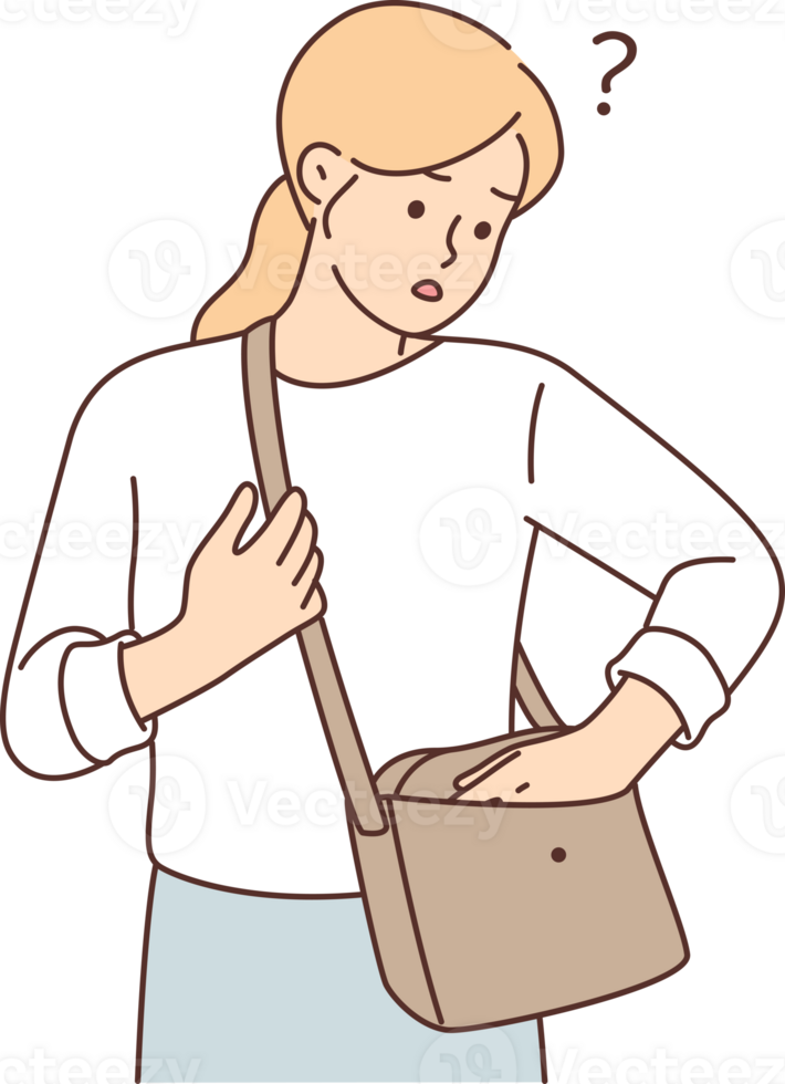 Woman who has lost wallet looks anxiously into purse in search of cash