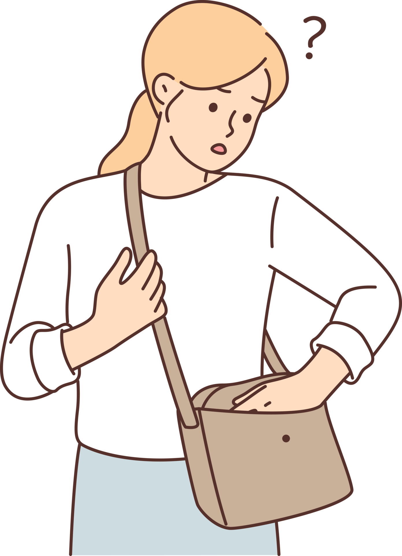 Woman who has lost wallet looks anxiously into purse in search of cash