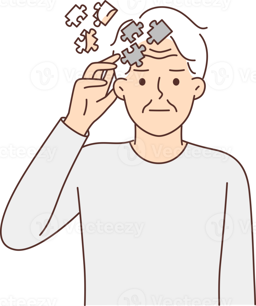 Elderly man with puzzles near head, symbolizing dementia, suffers from