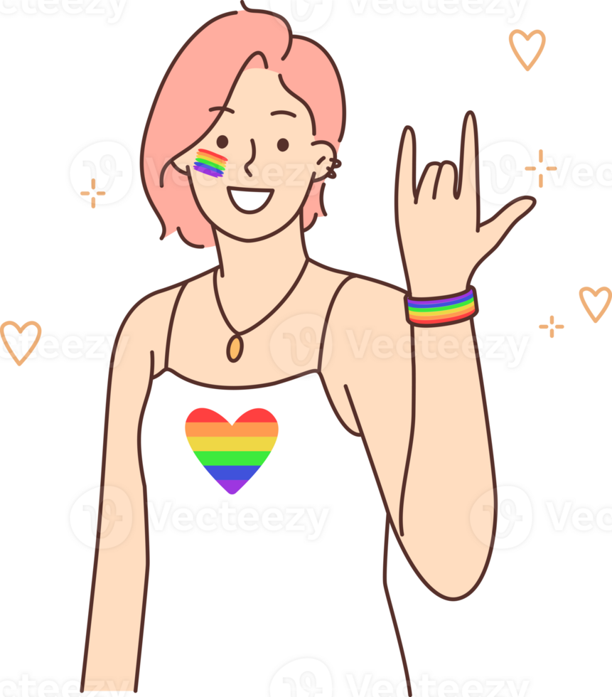 Woman from lgbt community with rainbow flag on t-shirt calls for participation in pride event png