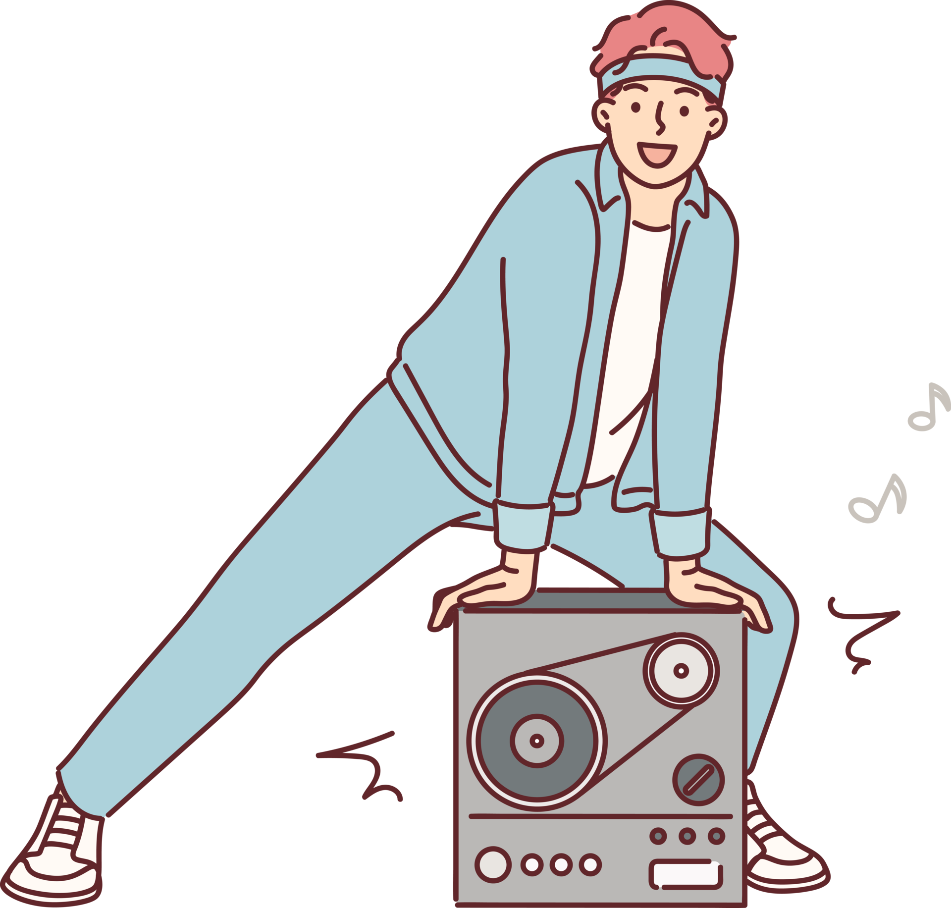 Man stands near retro tape recorder for playing music from tape and