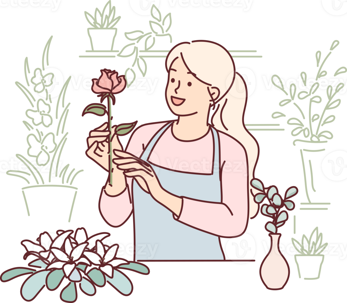 Woman florist works in flower shop composing beautiful festive bouquets for customers png