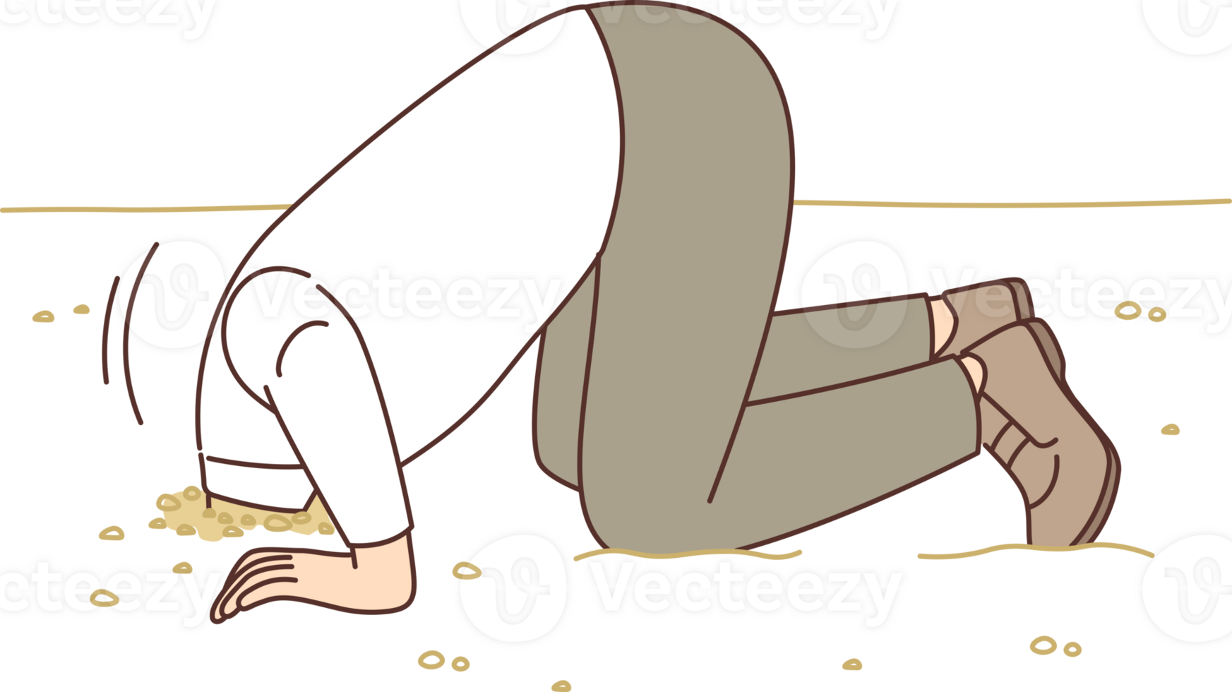 Man hides head in sand like ostrich from proverb, for concept of denial of problems and cowardice png