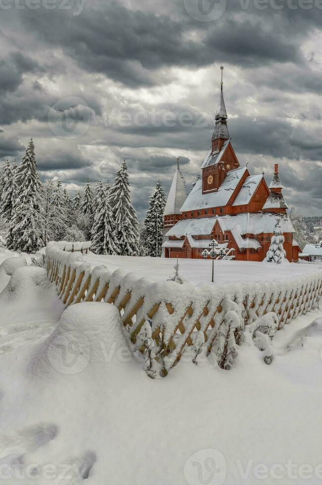 famous wooden Stave Church in Hahnenklee in Harz Mountains,Germanyntains, Germany photo