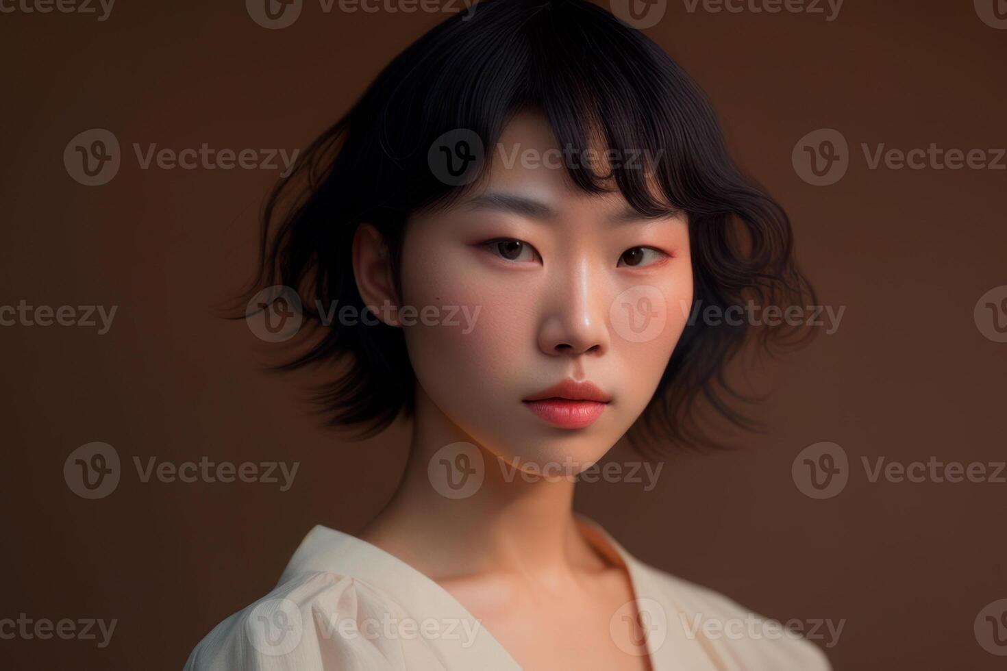 Portrait person with beige background. Fictional person created with photo