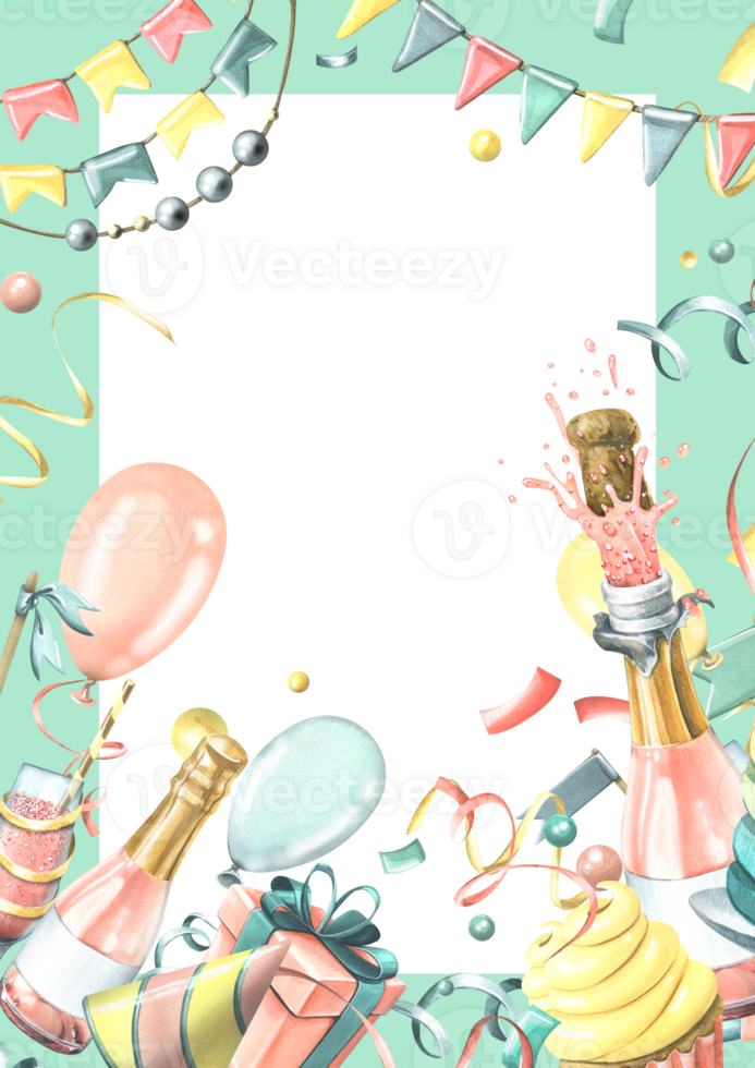 vertical cumpleaños tarjeta con rosado champán, globos, regalos, papel picado, banderas, pastel. acuarela ilustración, mano dibujado. marco modelo para texto png