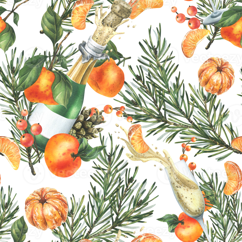 Tangerines with pine branches and cones, champagne in bottles and glasses. Hand drawn watercolor illustration for christmas fabric, textile, wrapping paper. Seamless pattern png