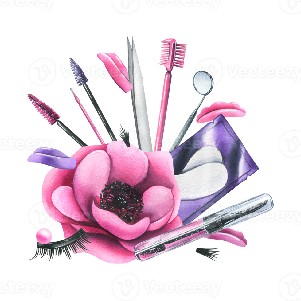 Tools and cosmetics for eyelash extension and lamination with brushes, tweezers, anemone flower and paint strokes. Watercolor illustration, hand drawn. Isolated composition png