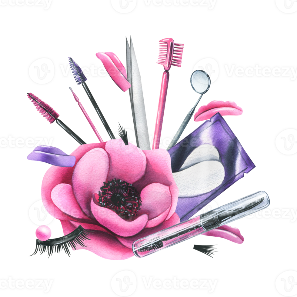 Tools and cosmetics for eyelash extension and lamination with brushes, tweezers, anemone flower and paint strokes. Watercolor illustration, hand drawn. Isolated composition png