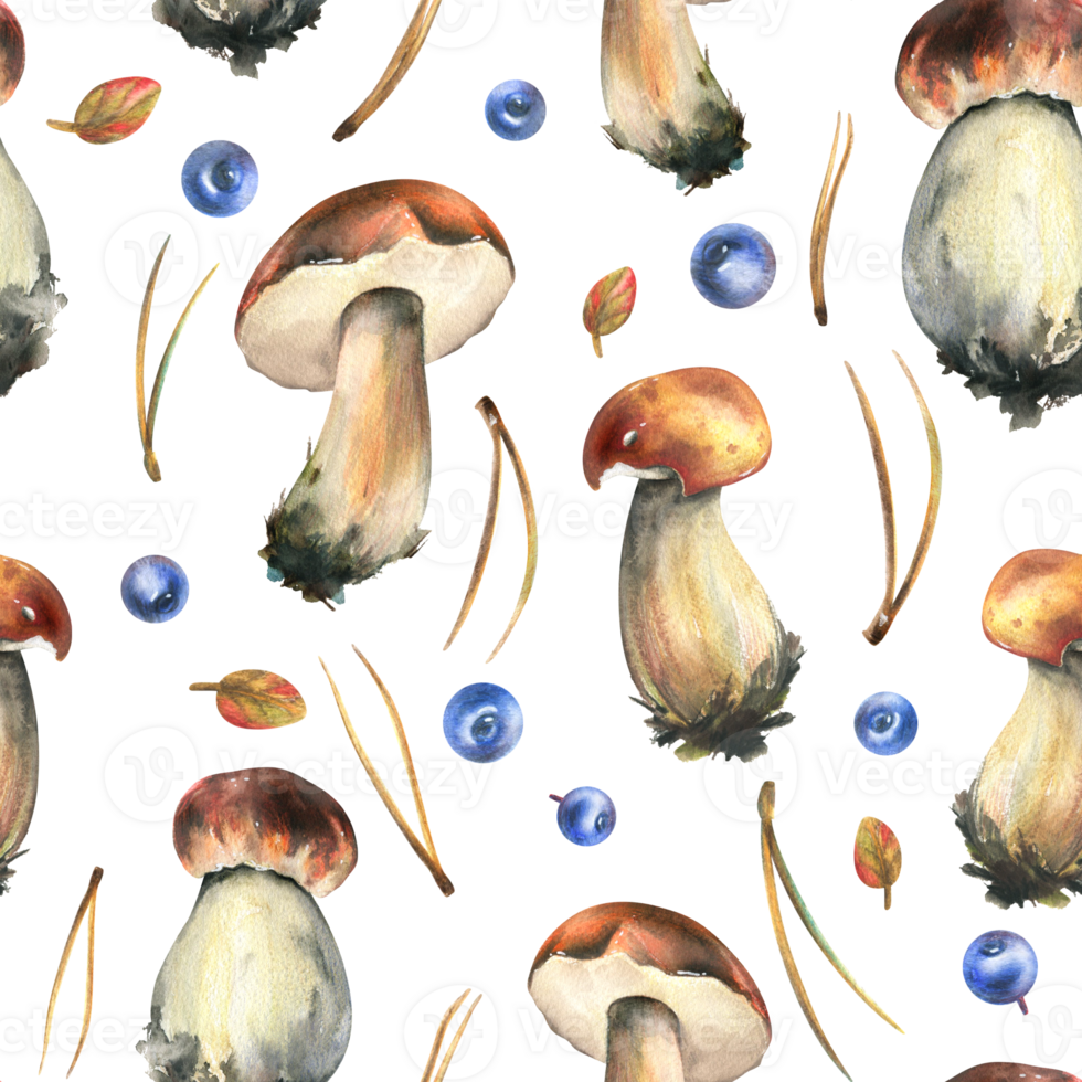 Forest edible mushrooms with brown caps boletus, leaves, blueberries and pine needles. Watercolor illustration, hand drawn. Seamless pattern for packaging, textile, wallpaper png