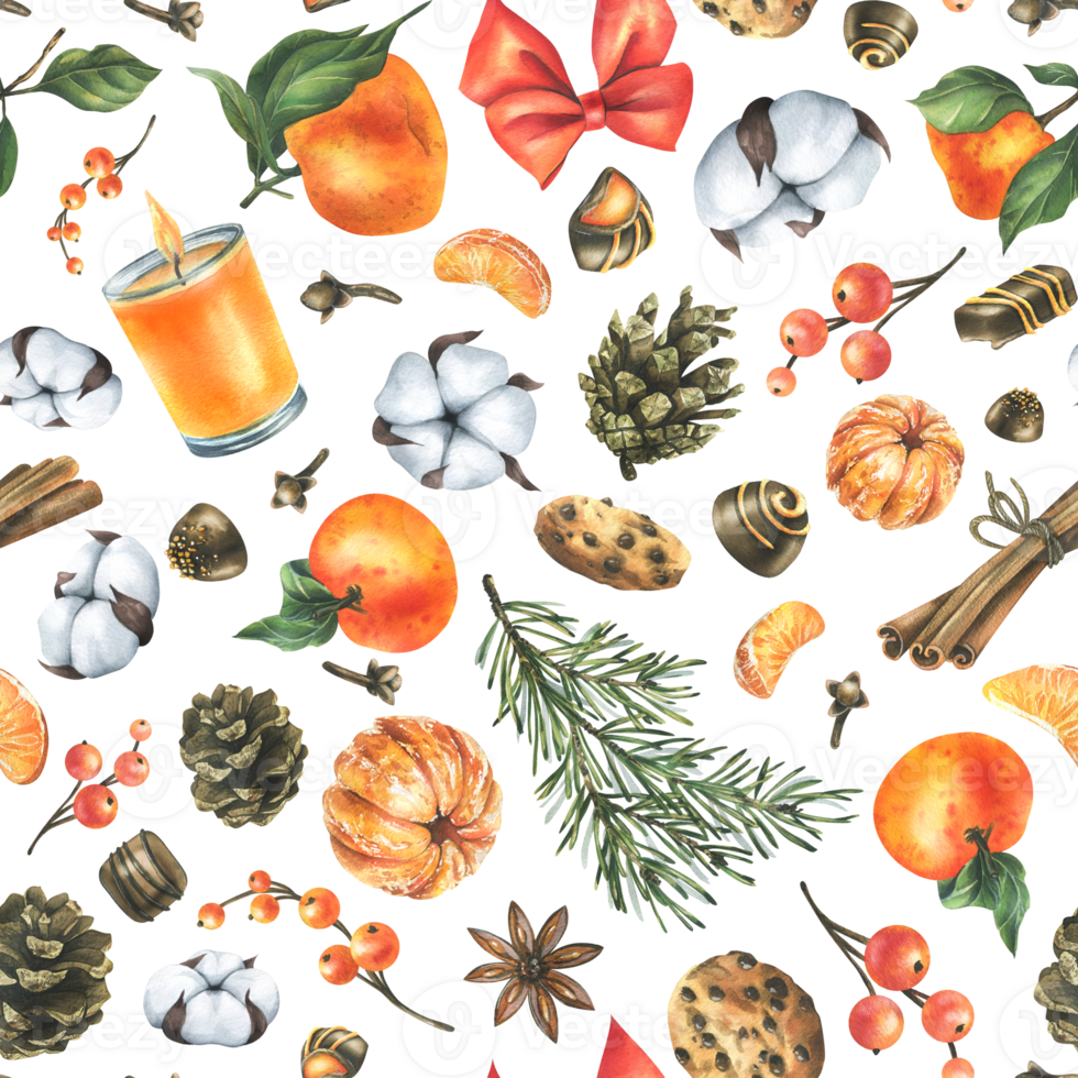 Orange whole and peeled tangerines with candles, pine branch and cone, cotton, spice leaves, cookies and chocolates. Watercolor illustration, hand drawn. Seamless pattern png