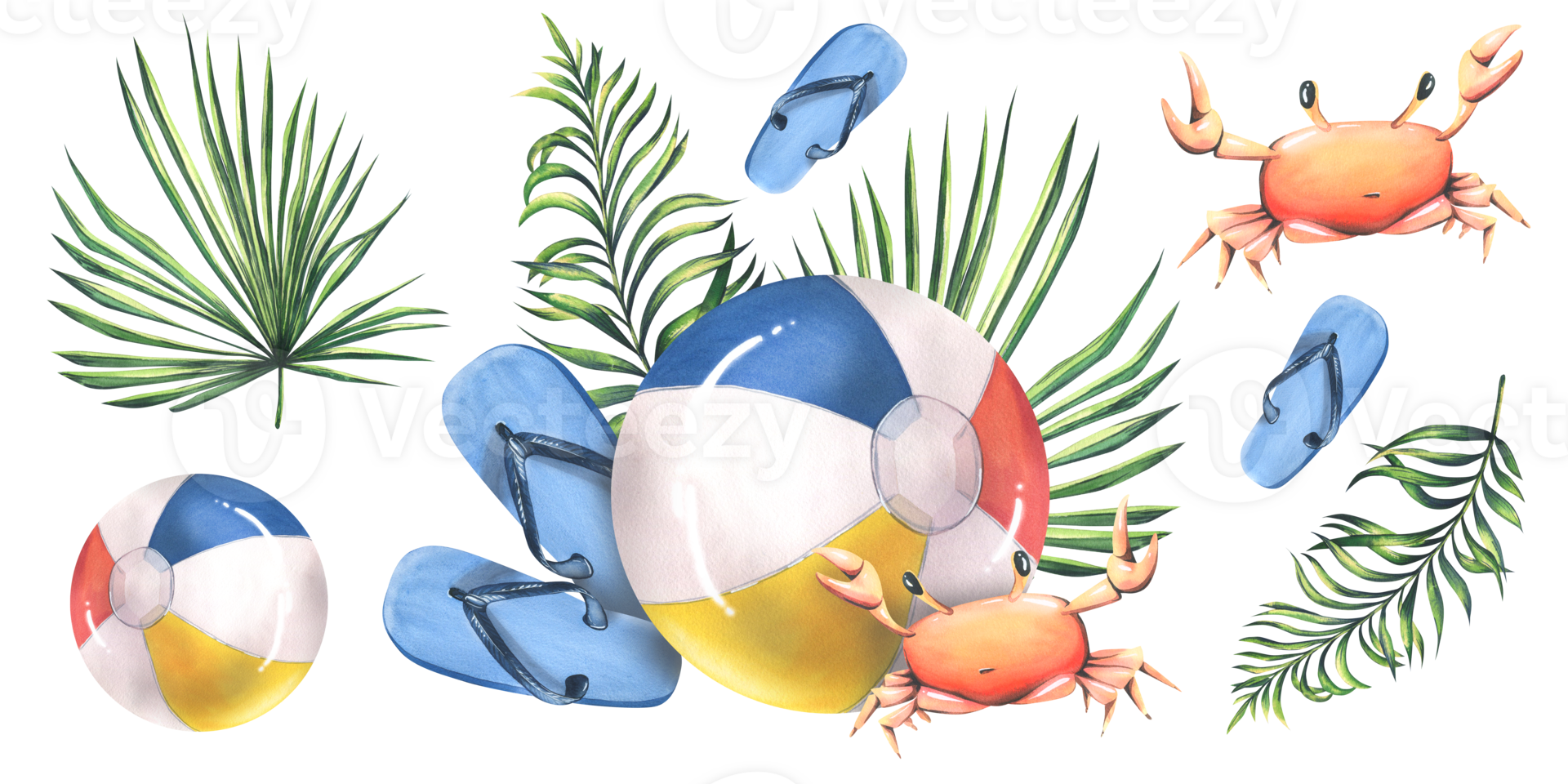 Multicolored beach ball with crab, flip flops and tropical palm leaves. Beach, summer,marine watercolor illustration, hand drawn. Set isolated composition with elements png