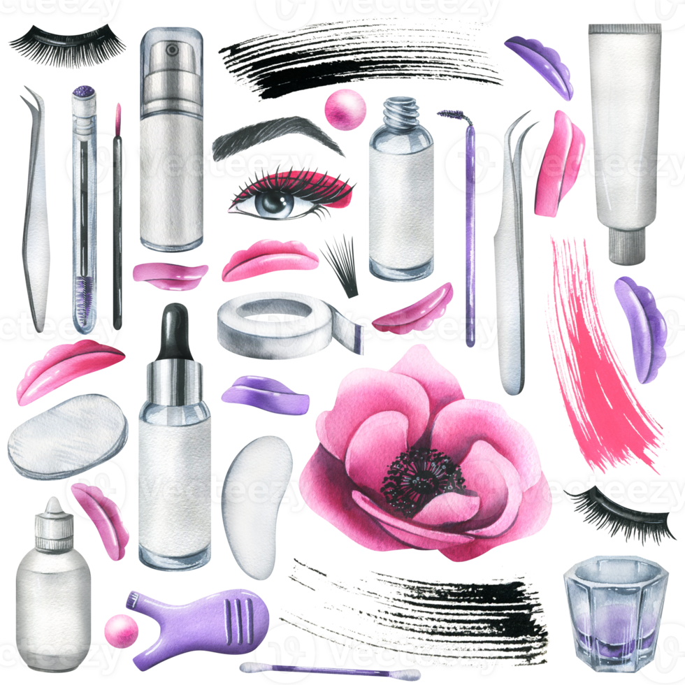 Set of professional cosmetics and tools for makers of lamination, painting eyelashes and eyebrows. Watercolor illustration, hand drawn. Isolated objects png