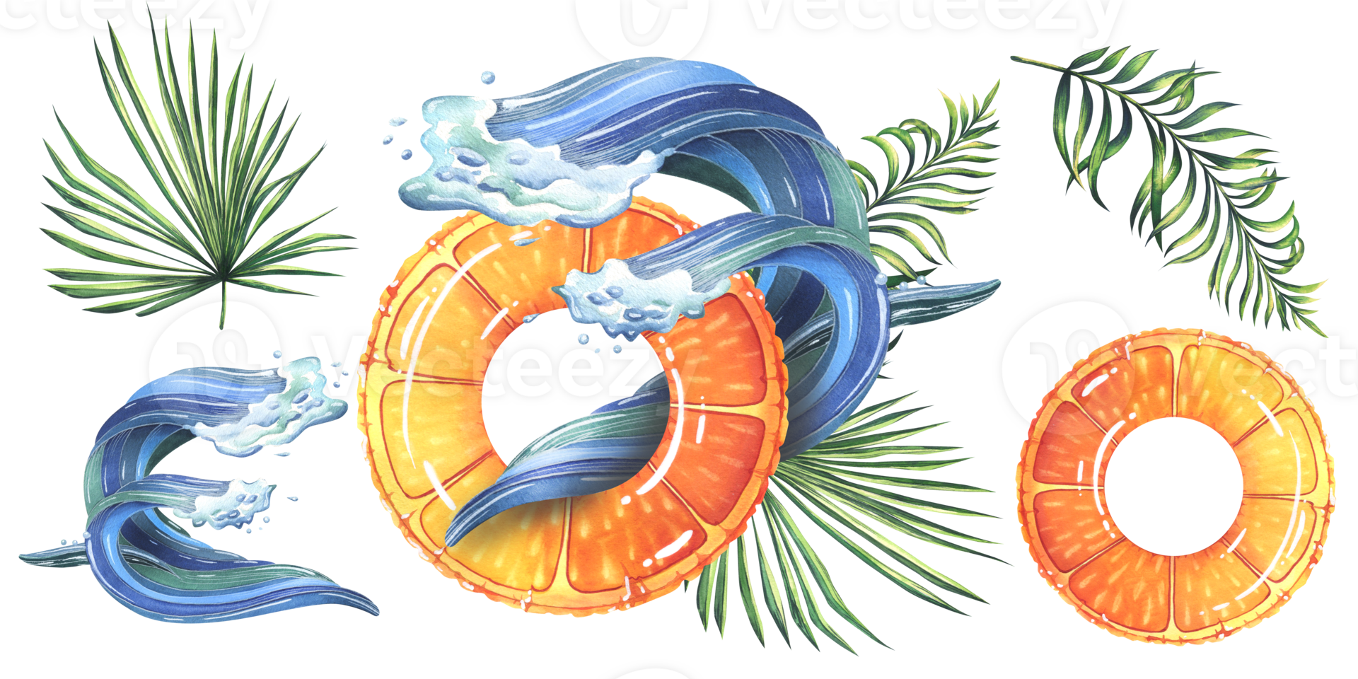 Inflatable swimming ring with orange print, sea wave and tropical palm leaves. Watercolor illustration, hand drawn. A summer and beach set isolated composition with elements png