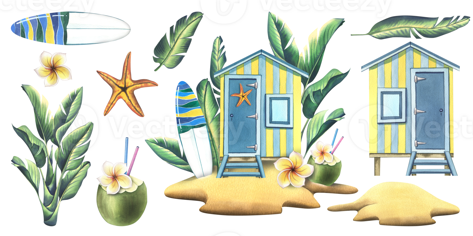 Wooden beach house on the island with tropical leaves, surfboard, coconut cocktail, plumeria flower and starfish. Watercolor illustration, hand drawn. Isolated elements png