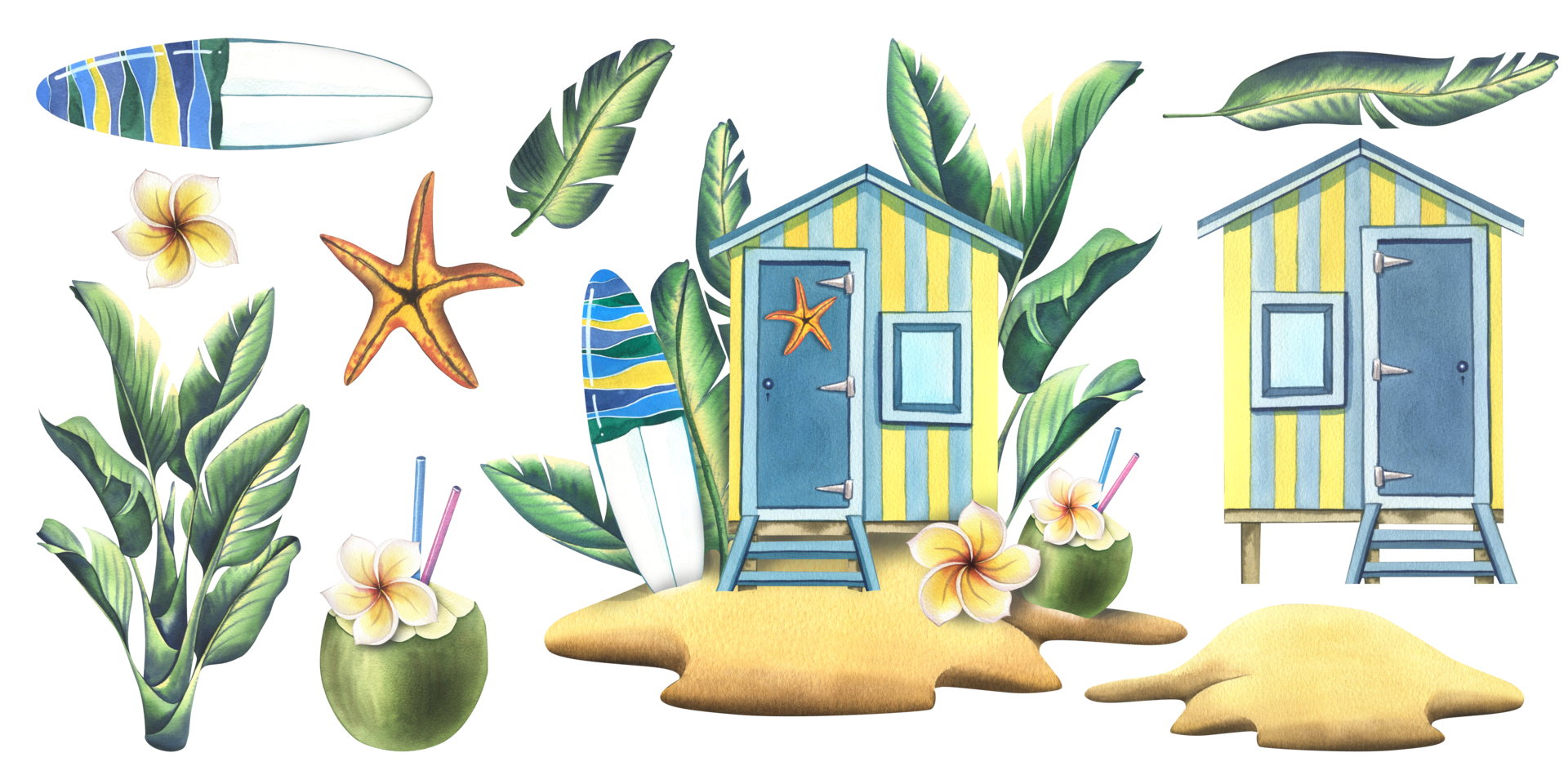 Wooden Beach House On The Island With Tropical Leaves Surfboard wooden-beach-house-on-the-island-with-tropical-leaves-surfboard