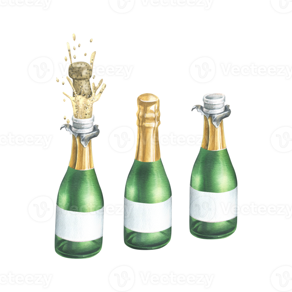 Green glass bottles with champagne, with a blank white label, open, closed and with a flying cork and splashes. Watercolor illustration, hand drawn. set of isolated objects png