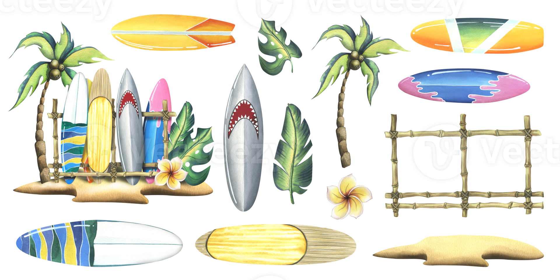 A tropical island with a coconut palm, frangipani, leaves and surfboards on a stand. Watercolor illustration hand drawn. Set isolated elements png