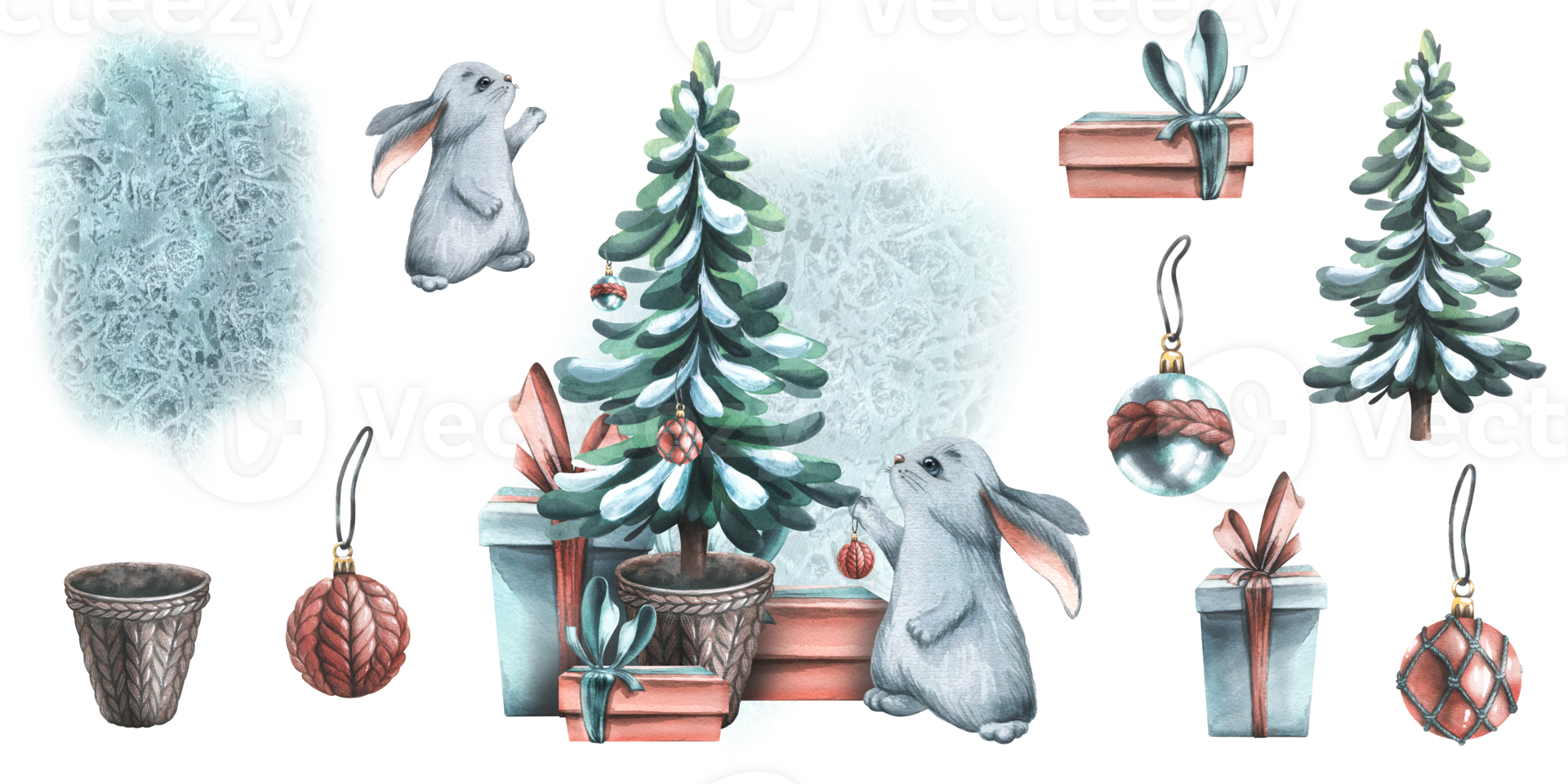 Christmas tree in a flowerpot with gift boxes, a rabbit hanging toys balls. Watercolor illustration, hand drawn. Set of isolated compositions and elements png