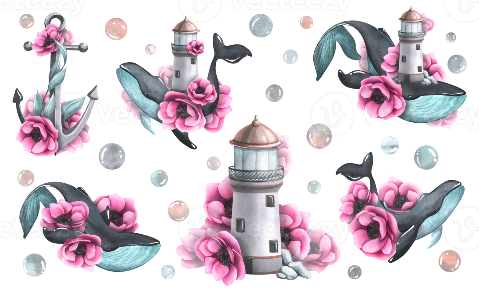 Large whales, lighthouse, anchor with pink anemone flowers and bubbles. Watercolor illustration, hand drawn. A set isolated compositions png