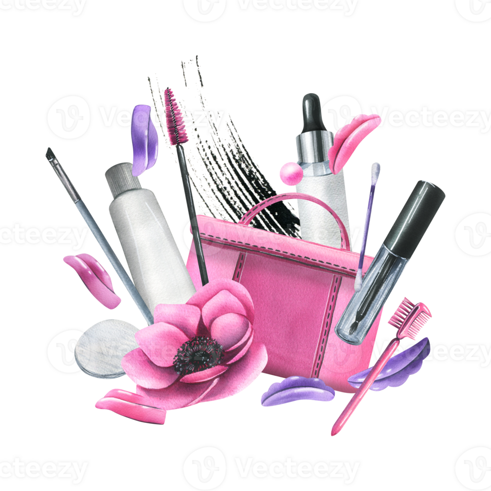 Pink cosmetic bag with eyelash lamination tools, brushes, silicone rollers, bottled products. Watercolor illustration, hand drawn. Isolated composition png